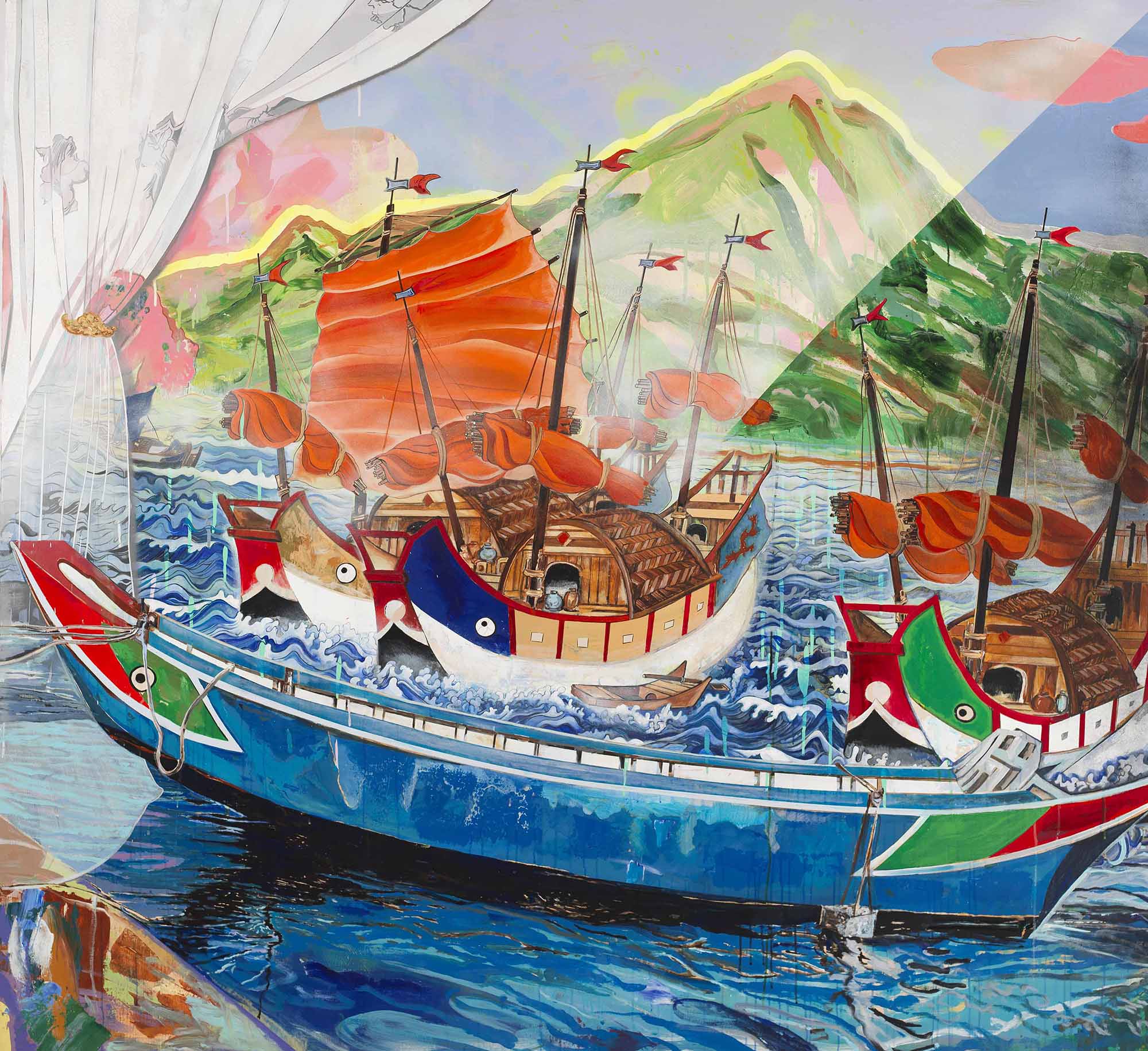 HMC-79.淡江泊舟002，Colorful-Boats-on-the-Tan-Chiang002-，212.5╳195cm，壓克力畫布-Acrylic-on-canvas，2017-