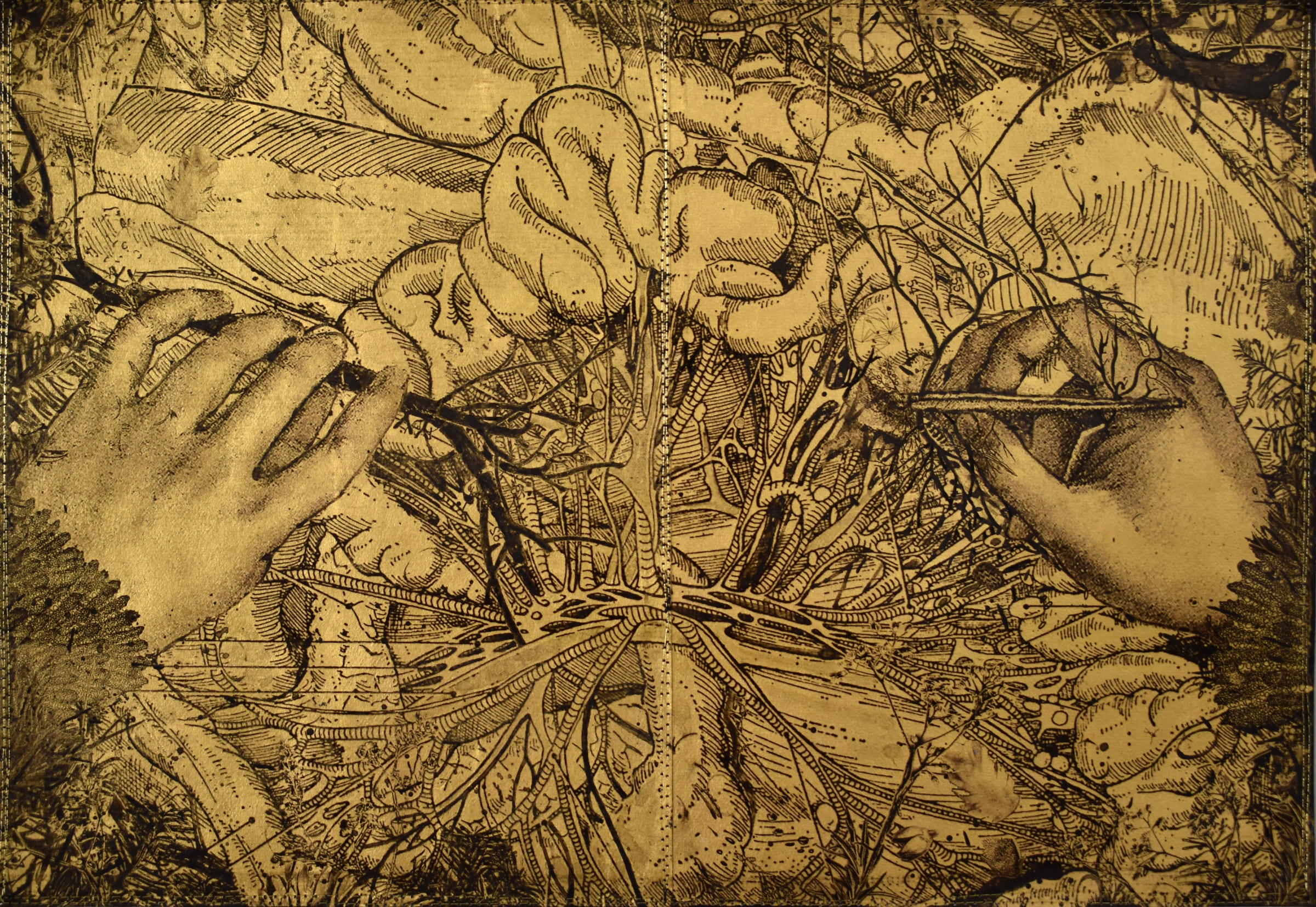 屋頂上的植物學家51-Botanist-on-the-roof51-40.5X28cm-紙本、墨水、金箔、線-paper、ink、gold-foil、thread-2016