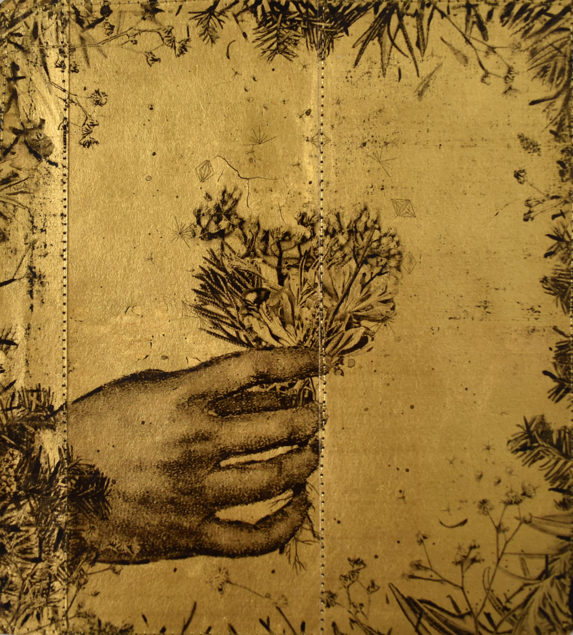 屋頂上的植物學家52-Botanist-on-the-roof52-19X21cm-紙本、墨水、金箔、線-paper、ink、gold-foil、thread-2016