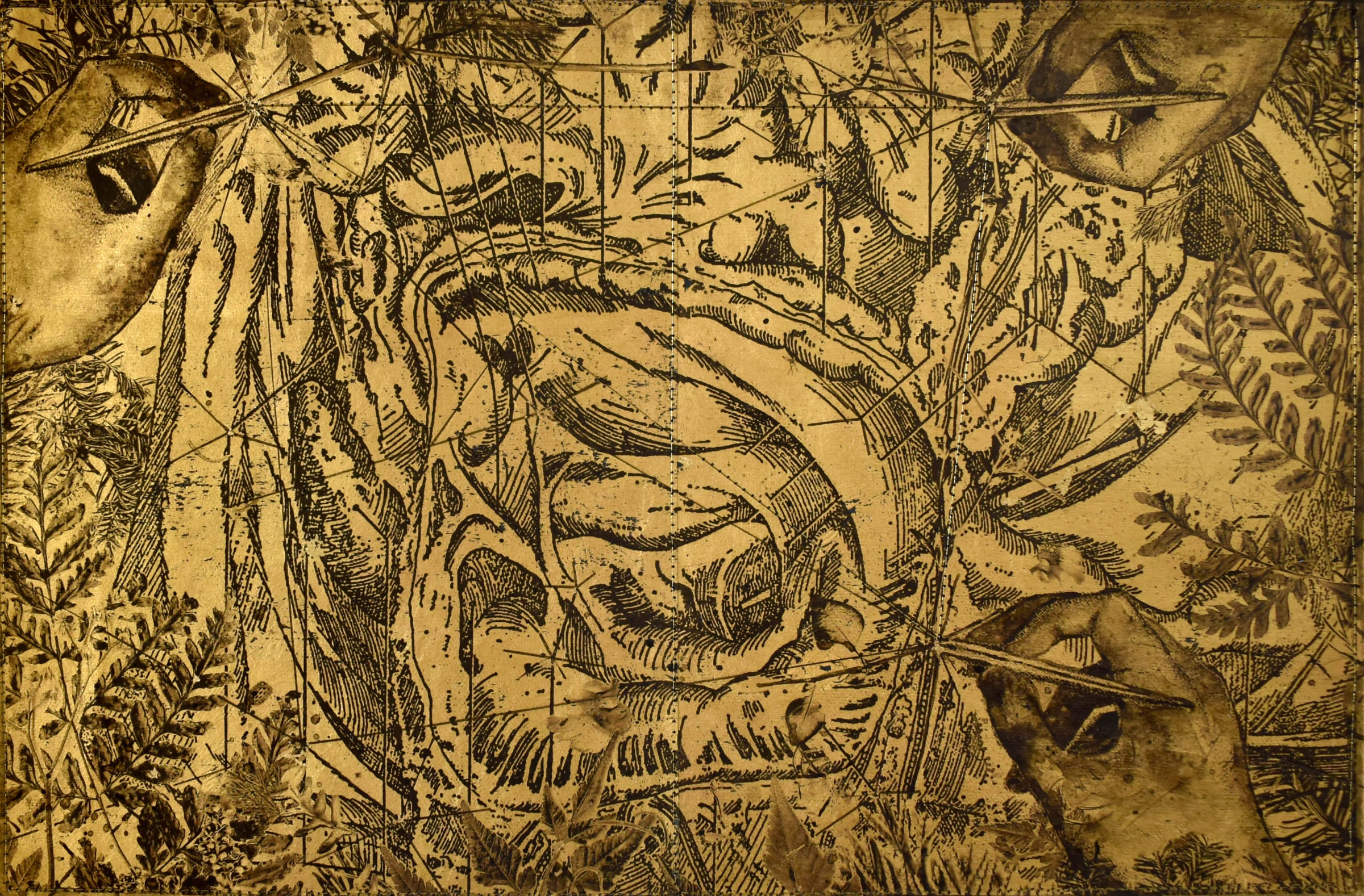 屋頂上的植物學家55-Botanist-on-the-roof55-26.5X41cm-紙本、墨水、金箔、線-paper、ink、gold-foil、thread-2016