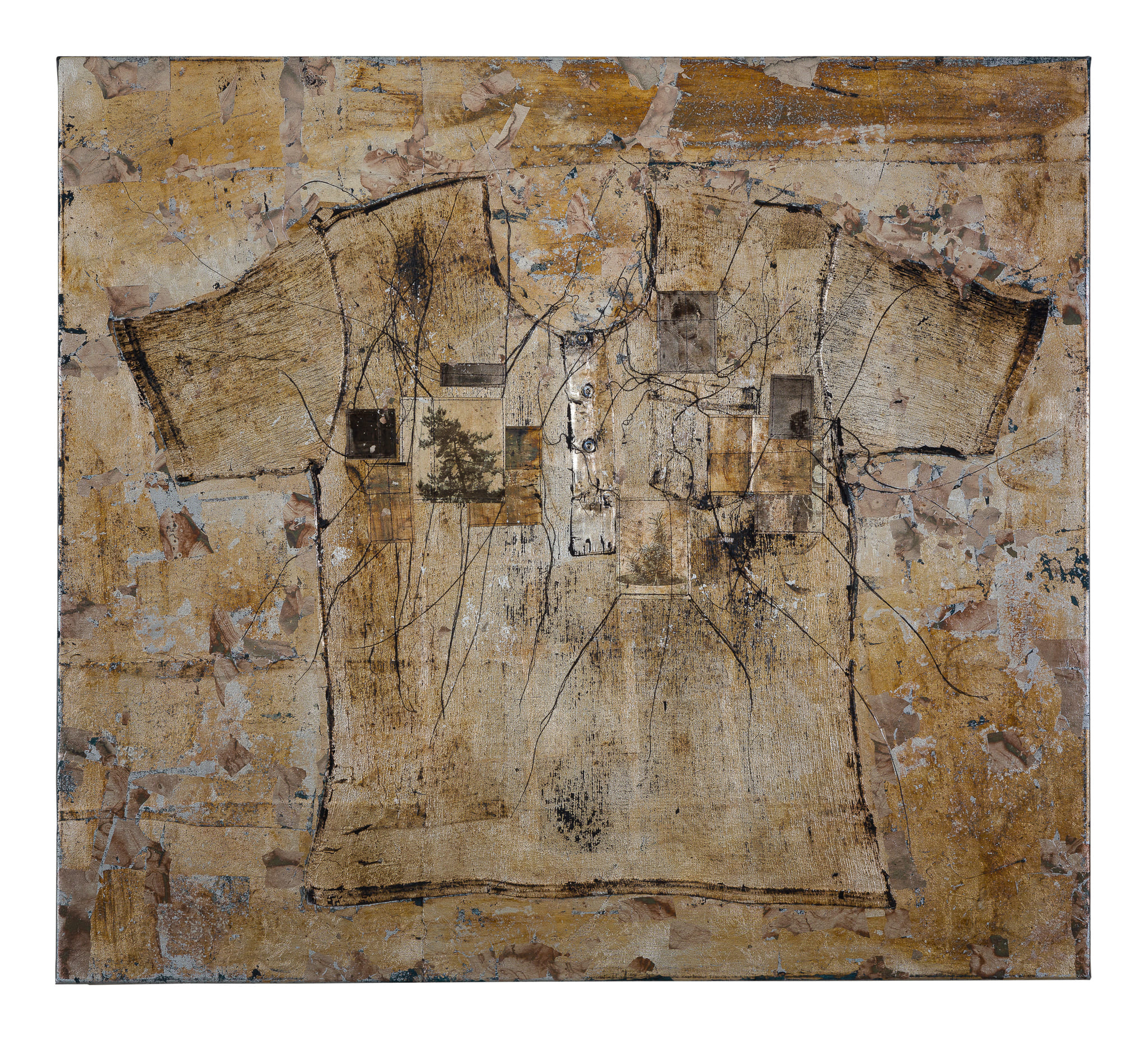 備忘錄4-Memo4-銀箔、胚布、線、衣物、複合媒材-silver-leaf、greige、thread、clothes、mixed-media-2019