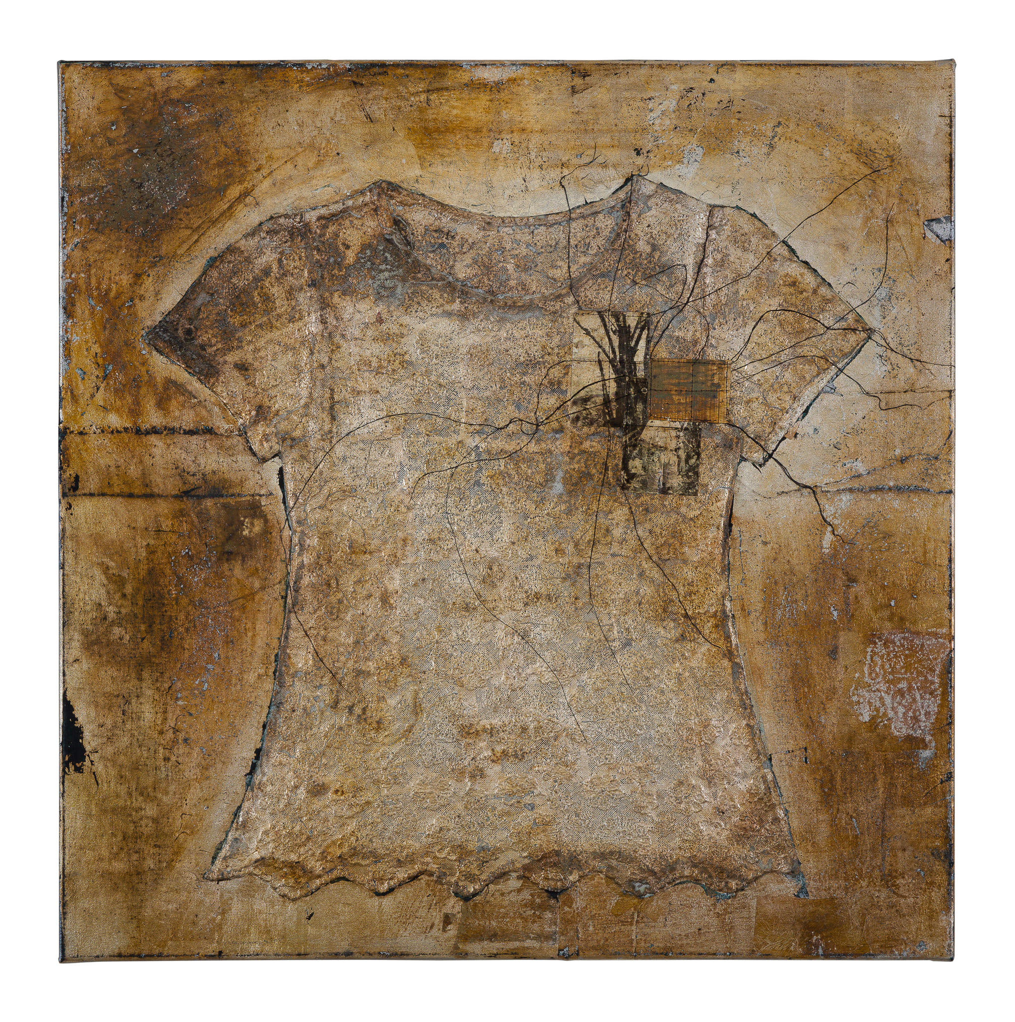 備忘錄5-Memo5-80x80cm-銀箔、胚布、線、衣物、複合媒材-silver-leaf、greige、thread、clothes、mixed-media-2019