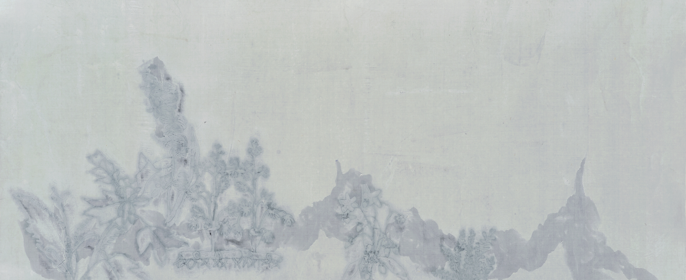 在芳草地消融（雙面）B面-Misty-B-side-2023-墨、礦物顏料、棉線_紙本-Inkmineral-pigments-and-cotton-thread-on-paper-55X125cm-